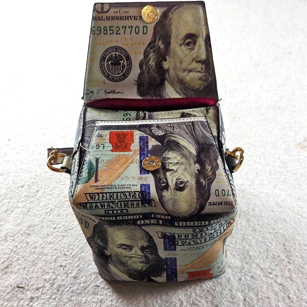 $100 Bill Money Print Box Purse Bag Novelty Cube Handbag Benjamin Fran - Picture 6 of 8